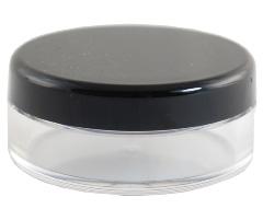 60 POWDER CONTAINER 20ML (BUCA 3A) CNT-BUCA-03a Description: Transparent, round plastic (styrene) jar with glossy black, screw cap. Comes with turn-able plastic sifter insert with open/close function.