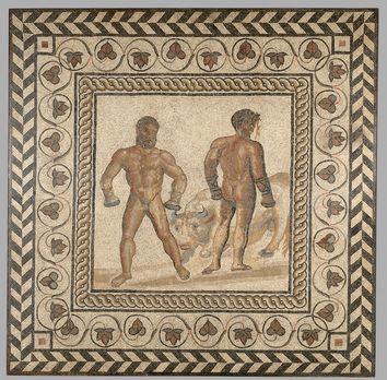Roman Mosaics across the Empire June 9 January 8, 2018 Combat between Dares and Entellus, Gallo- Roman, from Villelaure, France, A.D. 175 200. Stone and glass. 81 7/8 x 81 7/8 in. The J.