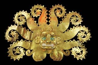Golden Kingdoms: Luxury and Legacy in the Ancient Americas September 16, 2017 January 28, 2018 Octopus Frontlet. Moche, 300-600. Gold, chrysocolla, shells. Object: H: 27.9 W: 43.2 D: 4.