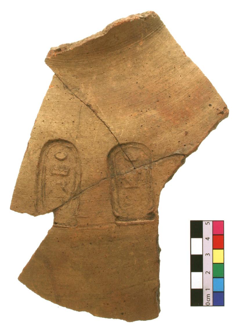 4 Writing as Material Practice Figure 3: Ceramic storage jar with impressed stamp bearing cartouches containing the names of Tuthmes III and Hatshepsut in Egyptian hieroglyphics; UCL Institute of