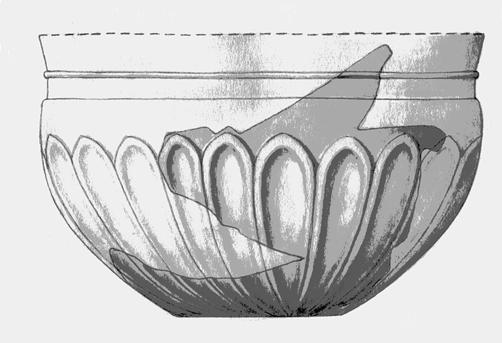 Fig. 22. Glass vessel from Bodummark. Drawing by Allan Fridell. Department of Archaeology and Ancient History, Uppsala. 1:2. however, where the eyebrow was made.