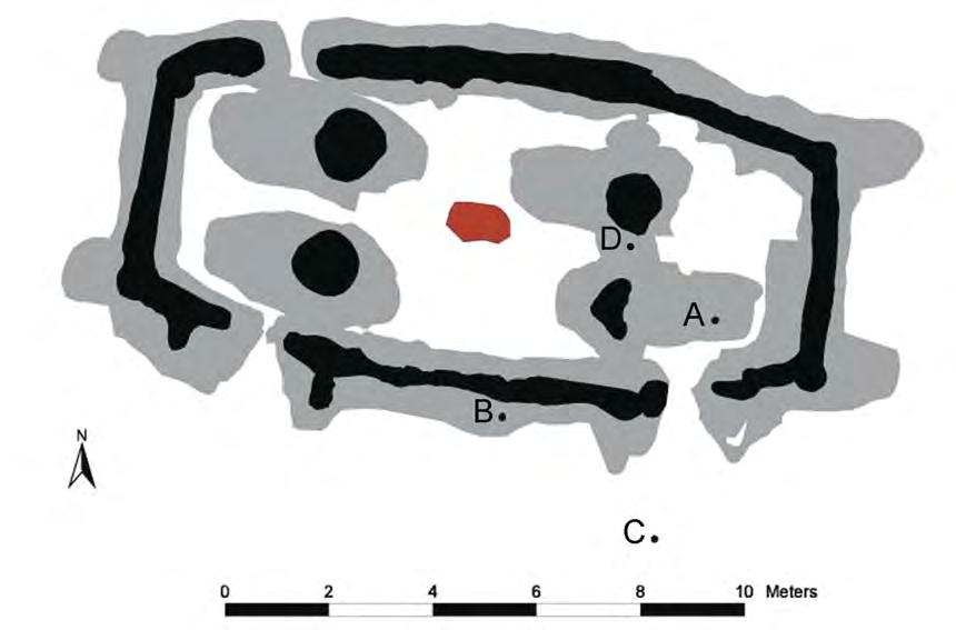 Fig. 1. The house where the sherds of the beaker were found. A, C and D find-spots of the sherds. Drawing by Birgitta Pilts-Williams and Karl-Magnus Lenntorp.