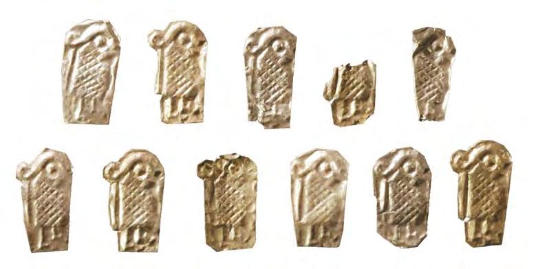 Fig. 22. Eleven die-identical female figures from Uppåkra fnr 2504, 4139, 4142, 4143, 4185, 6418 19, 6423 25 and 6428. Photo: B. Almgren, LUHM (2:1).