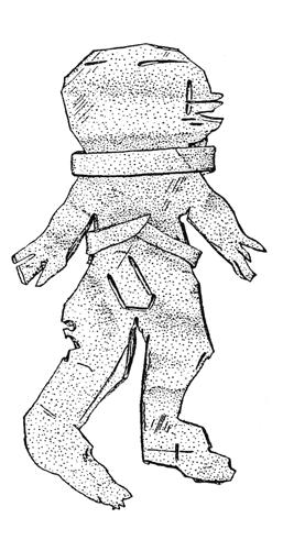 with legs (fnr 201 and fnr 7282). It is questionable how many of the crudely shaped gold strips from Uppåkra should be regarded as human figures. Drawing: E. Koch; photo: B. Almgren, LUHM (4:1).