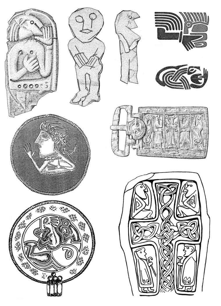 e b f a c g d h Fig. 34. Gestures exhibited by gold-foil figures and other finds from the 5th 7th centuries. a c: Gold foil figures from Sorte Muld, Bornholm (drawn by E. Koch).