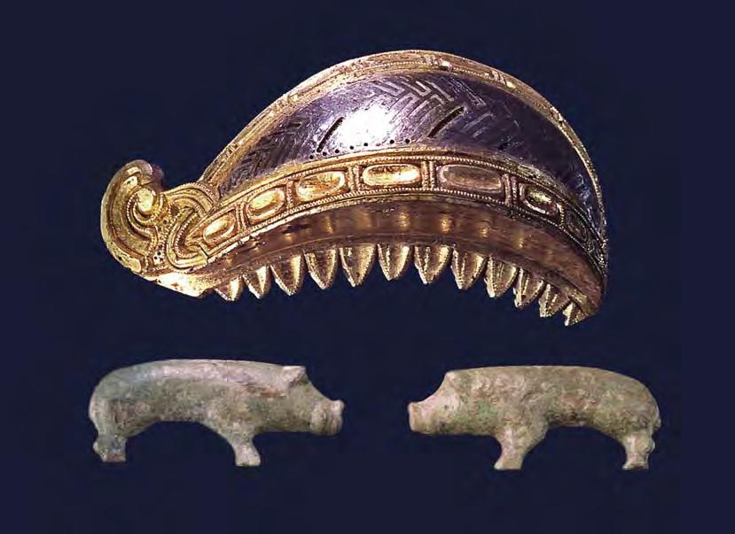 Fig. 8. Eyebrow arch (68 mm) and two mountings shaped like pigs (34 mm). The implements were perhaps applicated on the same helmet. Early Late Germanic Iron Age. A on fig. 1.