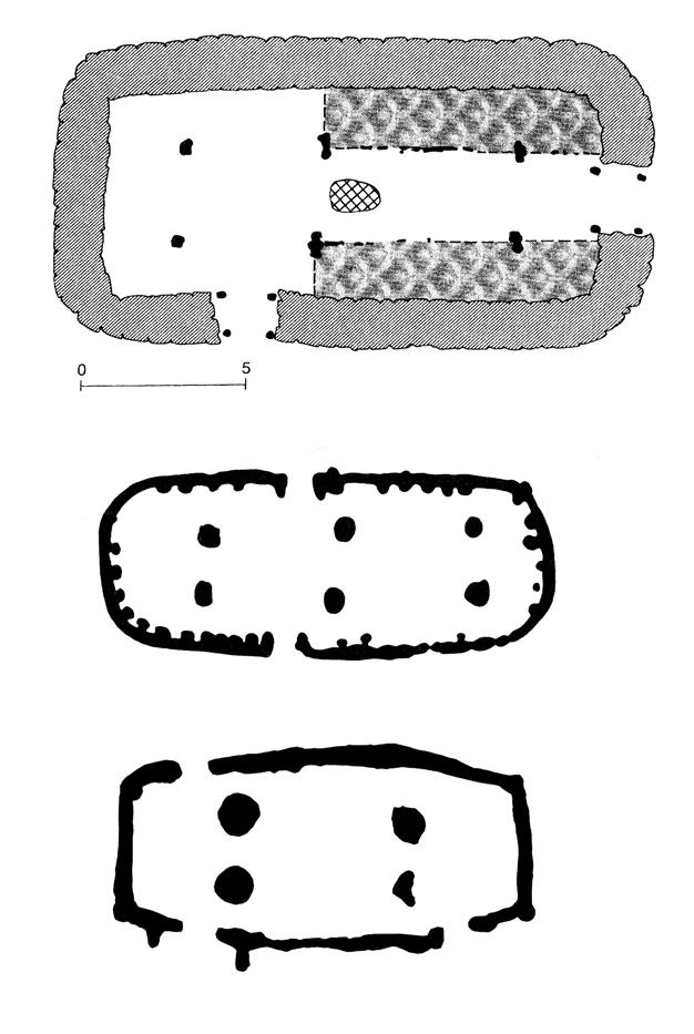 A B C Fig. 21. Embryonic halls. A: house 16 at Vallhagar, Öland, B: house 2 at Dankirke, Jutland and C: Uppåkra. A B from Herschend 1993. finds (Watt 1991:94 pp.).