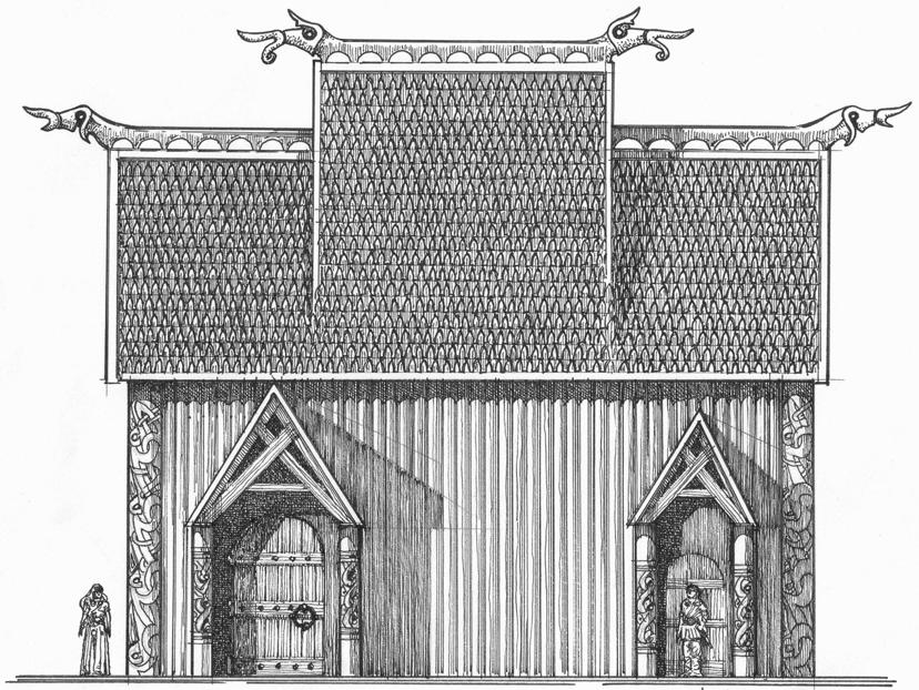Fig. 22. A tentative reconstruction of house 2 at Uppåkra. Drawing by Loïc Lecareux. referred to as harg (Olsen 1966:106).