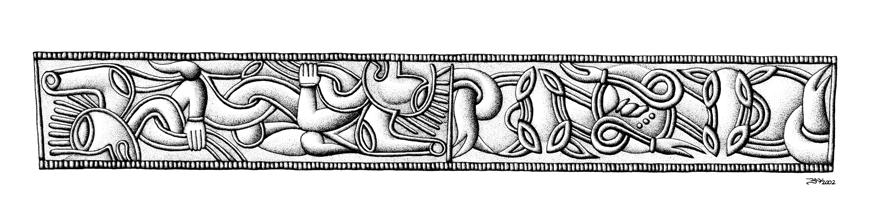Fig. 14. Embossed foil band from Uppåkra. Drawing B. Nilsson. Fig. 15. Embossed foil band from Uppåkra, interpretation by the author. Fig. 16.