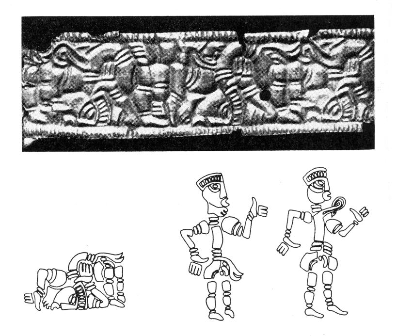 Fig. 17. The embossed foil band from Vestlye, Time, after Bakka 1962. crouched male figures. They are very similar though differing from one another in details.