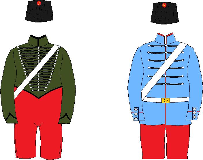 Hussars Hussars wore a jacket in regimental colour with 18 rows of braid across the front - white for regiments 1 to 6, yellow for 7 and 8. The collars were red.