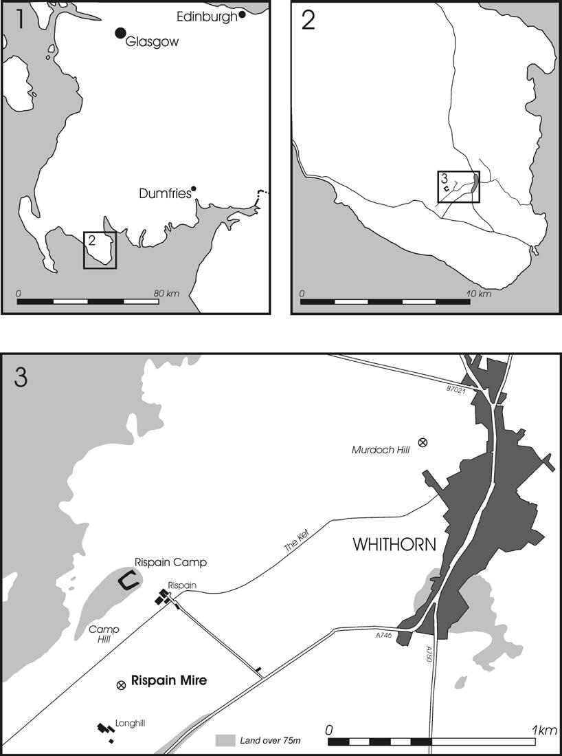 36 PALAEOENVIRONMENTAL INVESTIGATIONS OF RISPAIN MIRE, WHITHORN Figure 1 Map showing