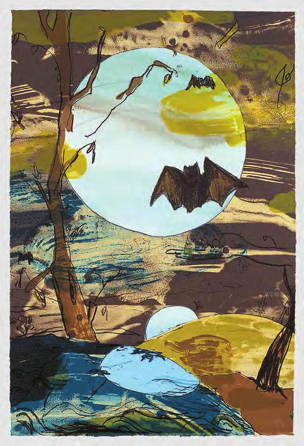 LAURA OWENS Untitled, 2002 For Parkett 65 Handprinted 10-color lithograph on tan BFK Rives with three collage elements: one handpainted with watercolor on blue Magnani Pescia, two on white BFK