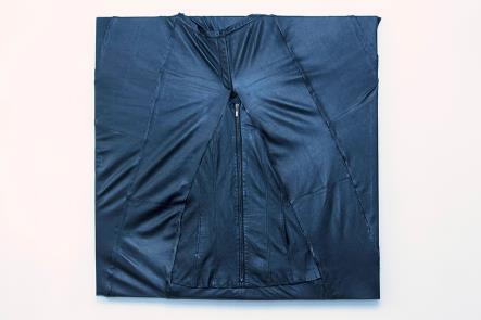 The first work, Uniform, 2015 was roughly sewn. Inconsistent stitching meant the leather could not be stretched tight, and it hung loosely on the stretcher bars, creating creases in the surface. Fig.