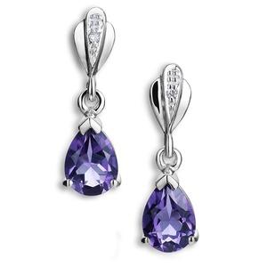 Earrings have a 30mm drop and have 6.5mm push back posts. H79: Sapphire and Diamond Ring. 10kt white gold pear shaped sapphire (.70ctw.) ring with 4 diamonds (.08ctw.