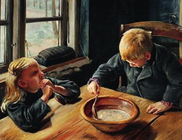 Roskilde 1933 "En Dreng og en Pige ved Middagsmaden". A boy and a girl eating supper. Signed and dated L. A. Ring 84. Oil on canvas.