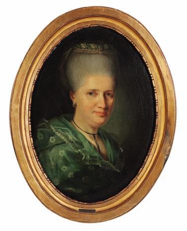 114 114 JENS JUEL b. Balslev, Funen 1745, d. Copenhagen 1802 Portrait of Johanne Maria Mylius, née Heitmann (1744-1773) with a high hairdo and a black lace around her neck. C. 1770.