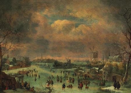 127 127 JAN GRIFFIER LE VIEUX, ASCRIBED TO b. Amsterdam 1652, d. London 1718 Winter day with skaters on a lake in a Dutch town. Unsigned.