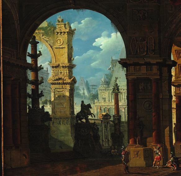 2 2 GIOVANNI NICCOLI SERVANDONI b. Florence 1695, d. Paris 1766 A capriccio of classical buildings, in the foreground Roman soldiers in a colonnade. Unsigned. Oil on canvas. 120 x 153 cm.