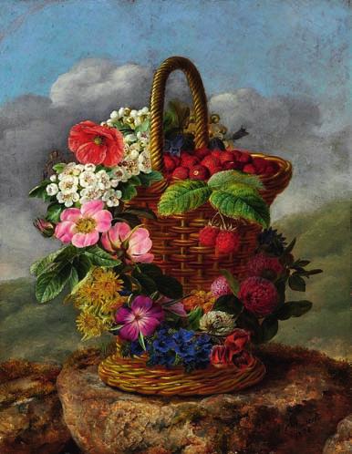 4 4 I. L. JENSEN b. Copenhagen 1800, d. s.p. 1856 Strawberries in a tall basket decorated with a colourful wreath.