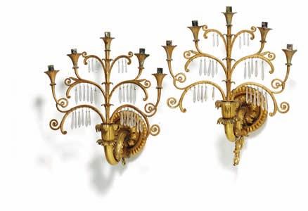 241 241 a pair of German giltwood, gilt metal and cut glass five-light wall lights, after design by karl friedrich schinkel (1781-1841). berlin, c. 1830. H. 50 cm.