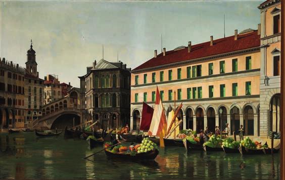 7 7 I. T. HANSEN b. Randers 1848, d. s.p. 1912 View of Venice with boats studded with vegetables and fruit near the Rialto Bridge. Unsigned. Oil on canvas. 118 x 184 cm.