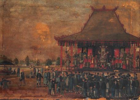 345 345 Chinese painter, early 19th C entury Crowds in front of an imperial pagoda. Unsigned.