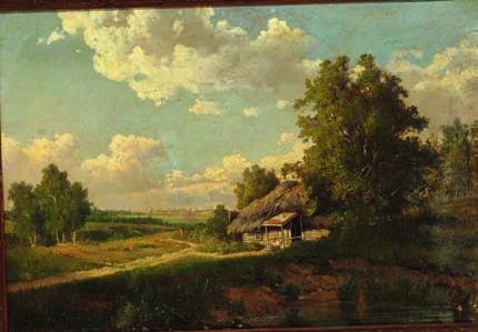 1914 russian summer landscape with a hut, in the background a larger city. unsigned. inscribed and dated on the stretcher M. Klodt 1858.