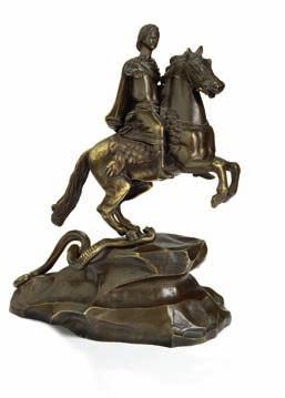 russian patinated bronze scultpure of Tsar Peter the great as reformer of the russian state, stepping on a snake symbolizing the Tsar's enemies.