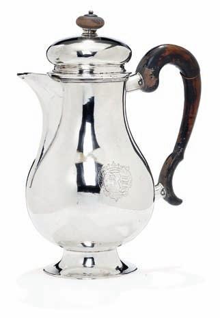 386 a danish regence silver coffee pot, handle and finial of wood, one side engraved