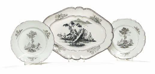 434 434 marieberg faience dish and two plates, decorated in sepia with printed motifs, chinese in landscape and architecture in landscape.