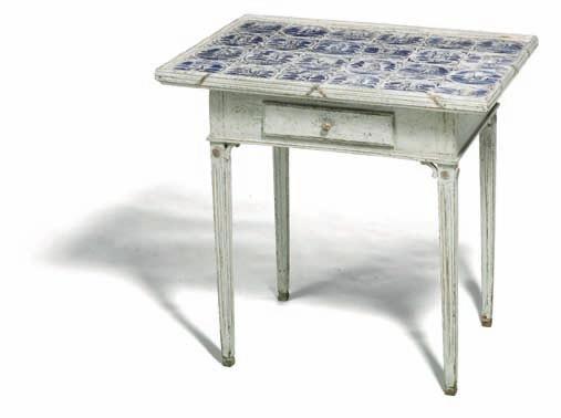 437 437 danish louis Xvi white painted tile top table, top inlaid with dutch tiles, decorated in blue, the