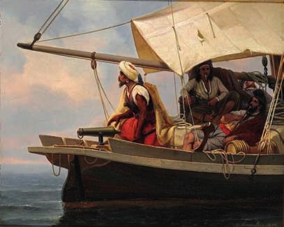 18 18 NIELS SIMONSEN b. Copenhagen 1807, d. Frederiksberg 1885 Pirates on the watch on a sailing ship in the sun.