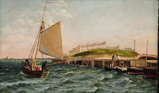 27 27 C. W. ECKERSBERG b. Blåkrog, Aabenraa 1783, d. Copenhagen 1853 "En Sejlbaad i Vending ved Strandbredden". A sailing boat turning near the coast. Unsigned. Oil on canvas. 19 x 31 cm.