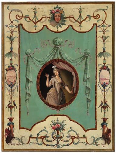 51 51 FRENCH PAINTER late 18th century A pair of large painted panels decorated with young women in medallions surrounded by branches and borders with cherub heads decorated with flowers,