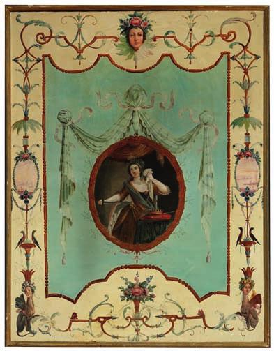 53 53 FRENCH PAINTER late 18th century A pair of large painted panels decorated with young women in medallions surrounded by branches and borders with cherub heads decorated with flowers,