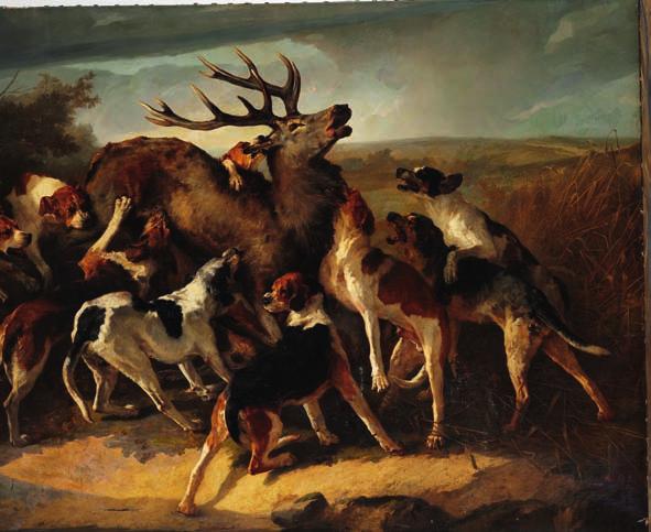 55 55 JOSEPH URBAIN MÉLIN b. Paris 1814, d. 1886 Hunting scene with dogs attacking a stag. Signed and dated J. Mélin 1864. Oil on canvas. 250 x 400 cm. Unframed.