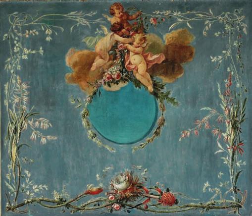 61 61 PAINTER UNKNOWN c. 1775 Large panel decorated with angels seated on flower branches, borders of flowers and fruit encircle them. Blue background. Unsigned. Oil on canvas.