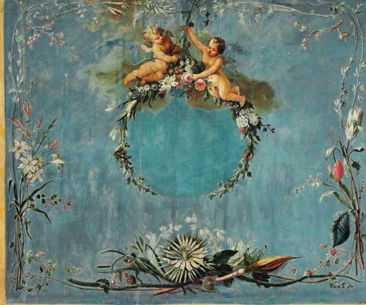 62 62 PAINTER UNKNOWN c. 1775 Large panel decorated with angels seated on flower branches, borders of flowers and fruit encircle them. Blue background. Unsigned. Oil on canvas.