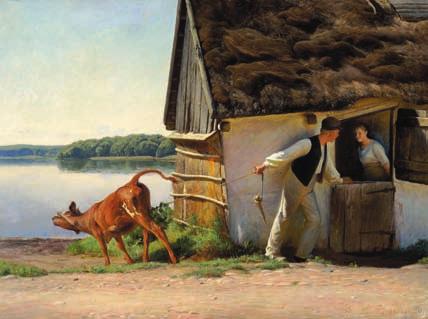 79 79 HANS BRASEN b. Hillerød 1849, d. Copenhagen 1930 "En sommerdag". A summer day. A young man flirting with a girl. Signed and dated H. Brasen 96. Oil on canvas. 77 x 103 cm.