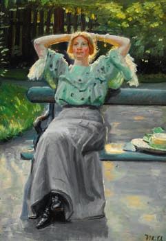 90 MICHAEL ANCHER b. Bornholm 1849, d. Skagen 1927 Helga Ancher on a bench in the garden on a summer evening. Signed and dated M. A. 06. Oil on canvas mounted on board. 40 x 30 cm.