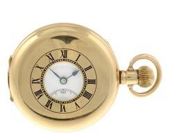285 288 A half hunter pocket watch by Hendersons. Gold plated case. Numbered 172385. Unsigned keyless wind three quarter plate movement with club tooth lever escapement. White enamel dial. 50mm.