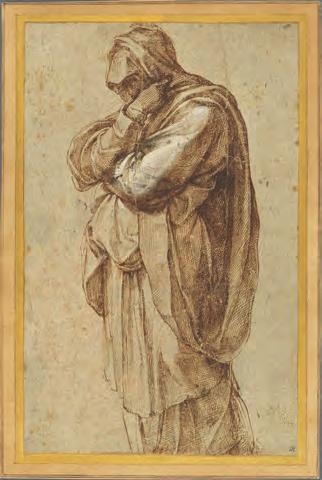 Her face is partially concealed by her hand and a shroud of heavy fabric engulfs her. This compelling drawing, Study of a Mourning Woman (ca.
