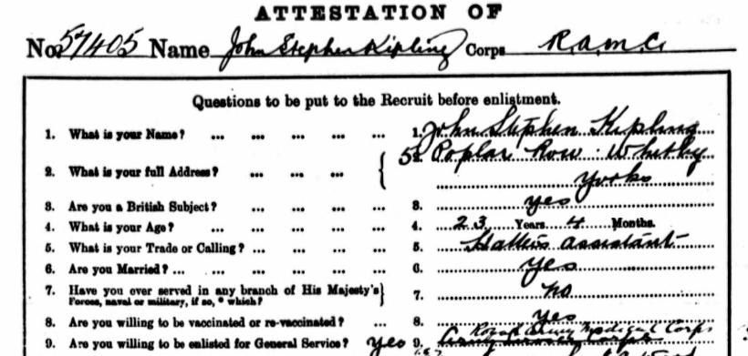 KIPLING, JOHN STEPHEN Rank: Private Service No: 57405 Date of Death: 08/06/1917