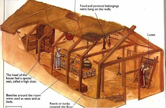 People lived in longhouses, these were made out of wood or stone with a thatched or turf roof and a central hearth.