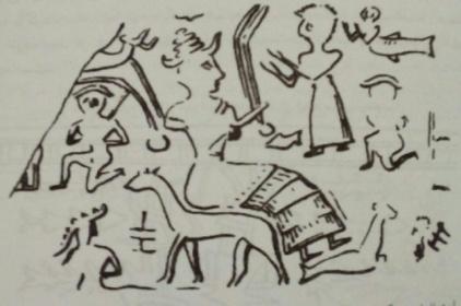 On a cylinder seal from the ziggurat belonging to the Middle Elamite period, there is the motif of a god or goddess with a half-fish body (with diamonds representing fins or tails) deep in water