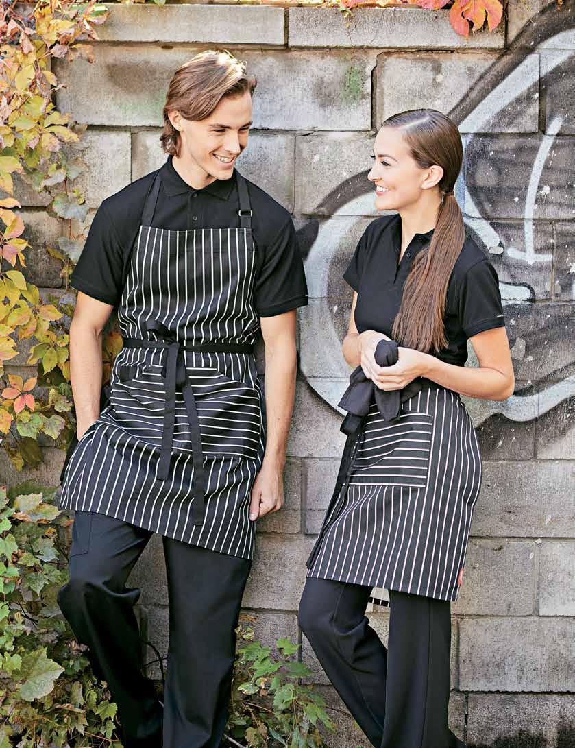 billy collection STRIPED BIB APRON Adjustable neck, wide waist ties, kangaroo and pen pocket, towel loop, 65% polyester, 35% cotton, washable.