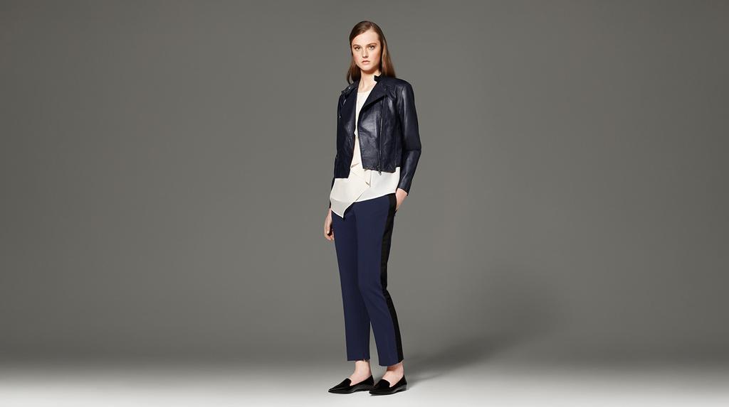 N O 7 RUFFLE TANK IN WHITE $26.99 LEATHER JACKET IN NAVY $249.