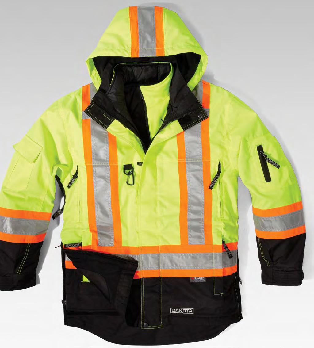 SAFETY Hi-Vis Lime/Yellow shown HI-VIS T-MAX LINED 7-IN-1 COAT SHELL: Rugged 300 denier oxford polyester