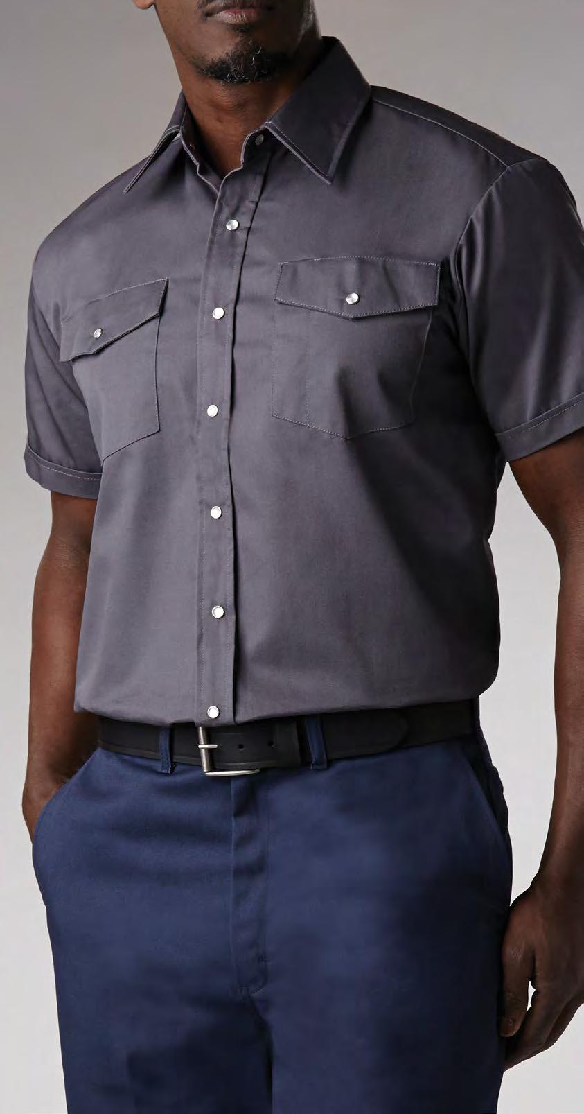 M E N S SHIRTS SHORT SLEEVE SNAP FRONT WORK SHIRT Heavyweight 6 oz. 65% polyester/35% cotton twill. Seams use polyester core wrapped thread that won t shrink and cause puckering.
